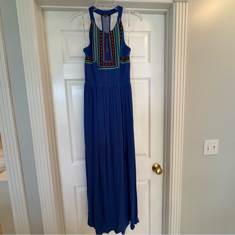 Miss Me Maxi Blue Boho T-Back Sundress Embroidery & Beading Size XS